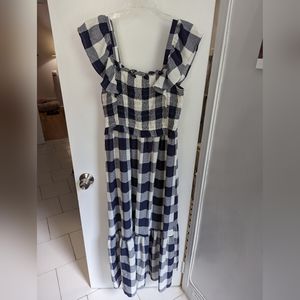 Moon River Navy + White Plaid Buffalo Check Midi Dress Smocked Ruffle Lined